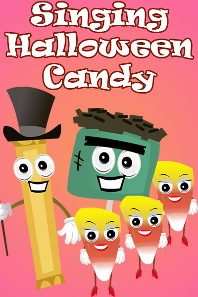 A candy bar with a top hat and cane, a lollipop Frankenstein, and several candy corn singers smile cheerfully at the viewer.