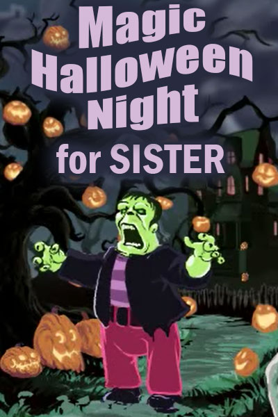 This animated Halloween card features Frankenstein standing in front of a spooky haunted house. He is making a scary face, and his hands are raised in front of him.