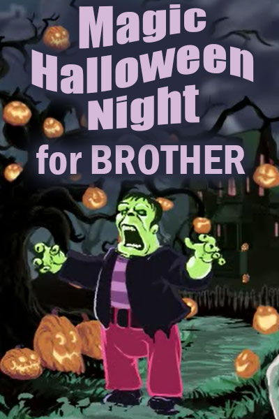 This free Halloween ecard features Frankenstein standing in front of a spooky haunted house. He is making a scary face, and his hands are raised in front of him.