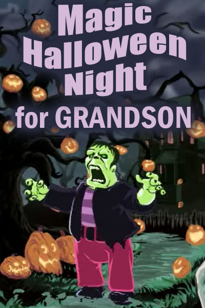 In this funny Halloween ecard Frankenstein stands in front of a spooky haunted house. He is making a scary face, and his hands are raised in front of him.