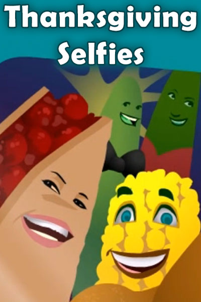 A corn cob, slice of pie, and group of green beans pose for a selfie.