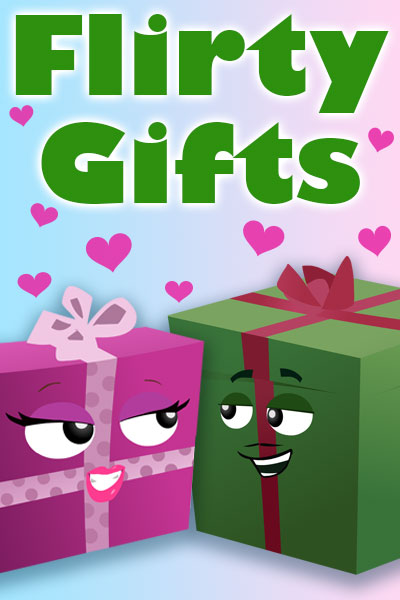 Two cartoon gifts. The pink gift on the left is female, and flirting with the male gift on the right, which is green. The ecard title Flirty Gifts is written above them.