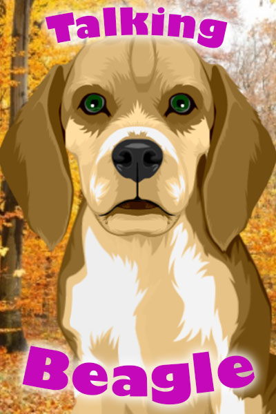 A cute animated beagle with fall leaves in the background.