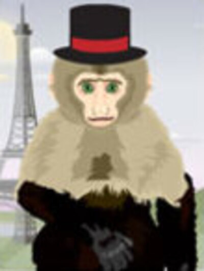 An animated capuchin monkey. it is wearing a top hat, and the Eiffel Tower is in the background.