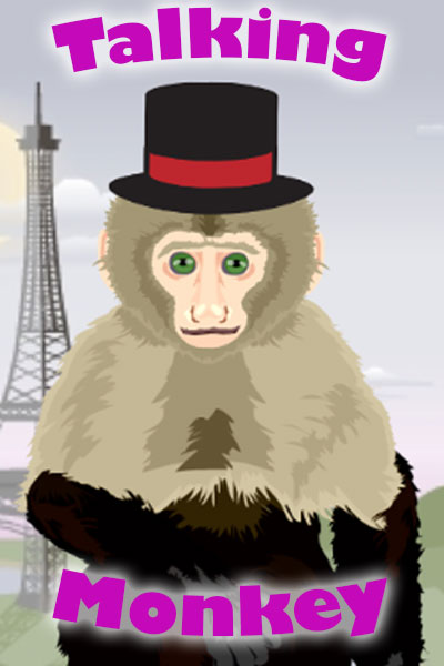 An animated capuchin monkey. it is wearing a top hat, and the Eiffel Tower is in the background.