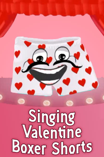 A pair of white boxer shorts covered in red hearts, and singing to the viewer.