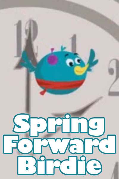 A round little bluebird flies in front of a clock face.