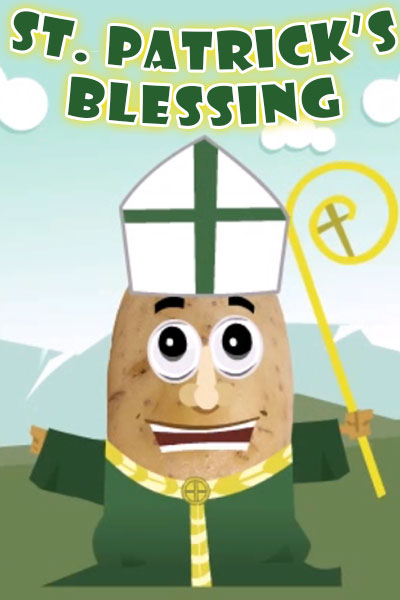 This funny holiday ecard 's thumbnail shows a potato dressed as Saint Patrick, in a green robe, white miter with green cross, and holding a gold crosier.