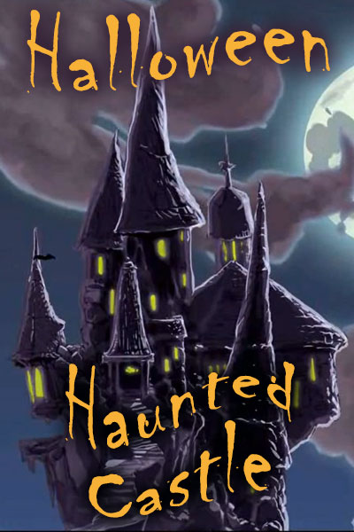 A spooky castle sits atop a cliff. It has many towers and spires, and lights glow eerily through the windows. There is a full moon, and clouds swirl around the castle.