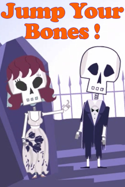 Two skeletons meet in a graveyard. One is in a tattered tuxedo, and the other is wearing an aged wedding dress and holding a bouquet of black flowers.