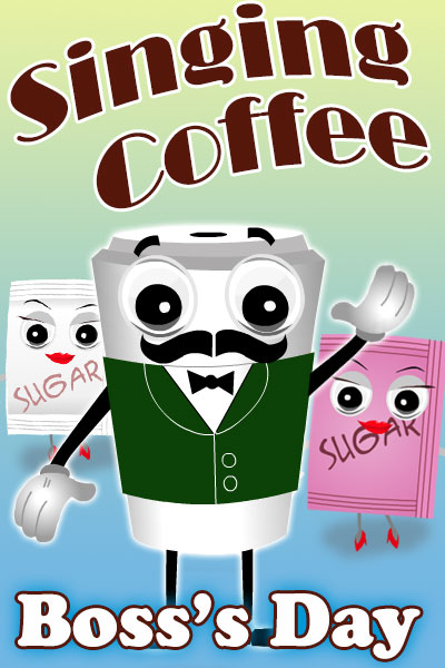 A dapper cup of coffee, complete with a mustache, and vest, waves at the viewer. He is accompanied by two ladies: a sugar packet, and an artificial sweetener packet. The packets are his backup singers and dancers.