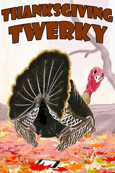 A turkey with its tail feathers fanned out. He is pointing his butt toward the audience, and dancing.