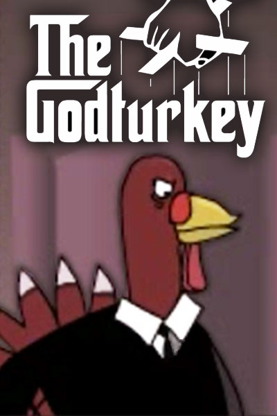 A turkey wearing a black suit, with an angry look on its face.