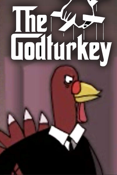 A turkey wearing a black suit, with an angry look on its face.