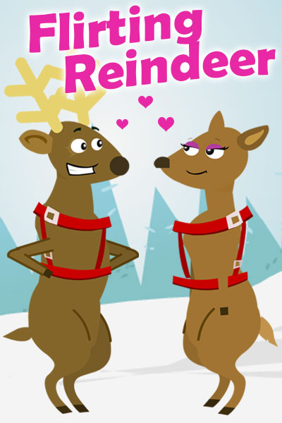 Two bipedal, cartoon reindeer are looking at each other. The male deer is giving a flirty smile to the female reindeer, and there are little pink hearts between them. The ecard title Flirting Reindeer is written above them.