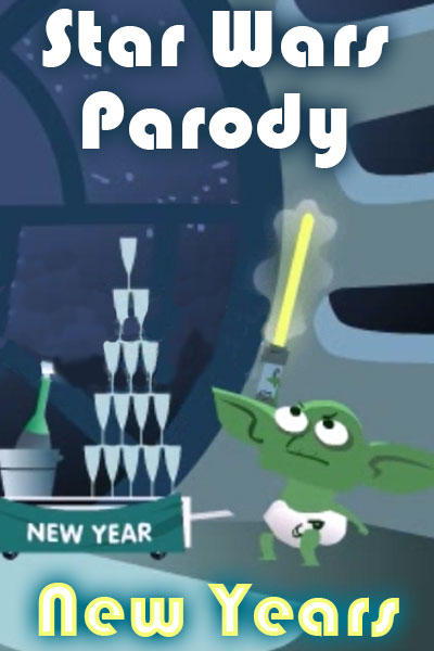 A cartoon Yoda dressed in a diaper as baby New Year, wields his lightsaber next to a table with a tower of champagne flutes, and a bottle of champagne. The ecard title Star Wars Parody New Years is written in the foreground.