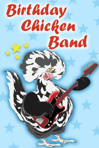 A thumbnail image for a fun birthday ecard featuring a black and white chicken with a big, bouffant-style bunch of feathers on his head, holds a guitar. He’s playing and singing a song for the chickens in his coop. The ecard title Birthday Chicken Band is written above him.