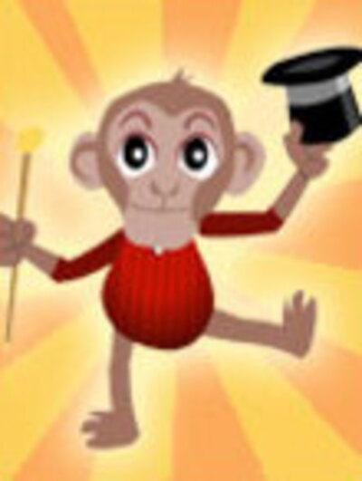 A dancing monkey holds a top hat and cane in its hands,