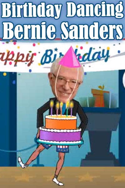 A lighthearted birthday ecard featuring a photo of Bernie Sanders face, added to a cartoon body. He’s dancing, and carrying a large birthday cake.