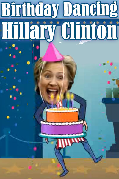 This still image for this political birthday card is a photo of Hillary Clinton’s face, with a cartoon body, and party hat. She is holding a cake, and has a surprised look on her face