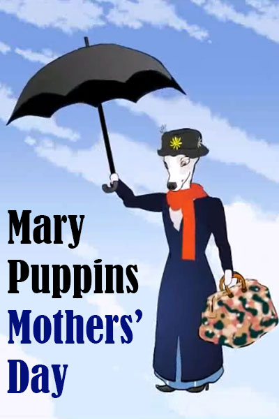 A dog dressed to look like Mary Poppins in a dark overcoat, with an umbrella are featured in the thumbnail image of this modern Mother's Day ecard.