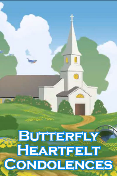 The thumbnail image for this free condolence card is a church situated in a peaceful meadow.