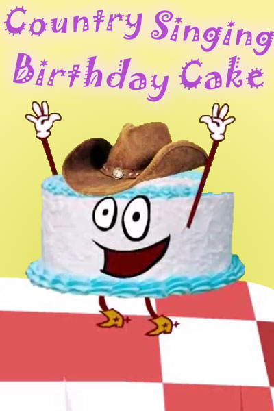 A blue and white birthday cake wearing a cowboy hat and boots, its cartoon face is smiling, and it’s waving its arms in the air. Country Singing Birthday Cake is written above the character. 