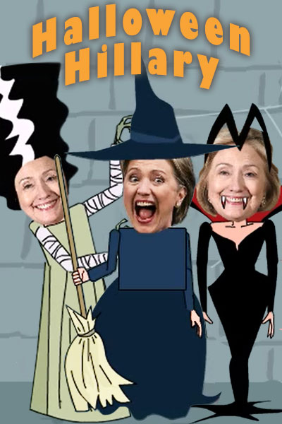 Hillary Clinton dressed as three classic movie monsters. A witch, in a black dress, and holding a broom; the brode of Frankenstein, in a white dress, bandage wrapped arms, and a very tall black hairdo, with a white stripe going up its length; and a vampire, in a tight black dress and fangs.