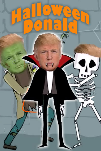 Donald Trump dressed as three classic movie monsters. A vampire with fangs, a black suit, and cape; a Frankenstein with green face, ragged clothes, and screws in the neck; and a skeleton, which is a normal skeleton, but with Donald Trump's hair on its head.