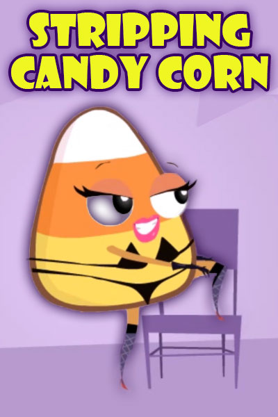 A candy corn in a string bikini, fishnets, and high heeled shoes dances around a chair.