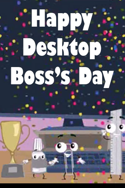 An office workers desktop, where several of the desktop accessories are cheering for the viewer. There is a bottle of wite-out, a paperclip, and a ruler. They have a trophy to present to the viewer.
