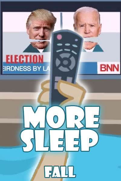 A hand is seen holding a remote control in front of a TV. On the television are photos of Donald Trump and Joe Biden.
