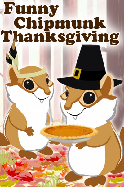 Two cute cartoon chipmunks. One is dressed as a pilgrim, and the other is dressed as a native american. 