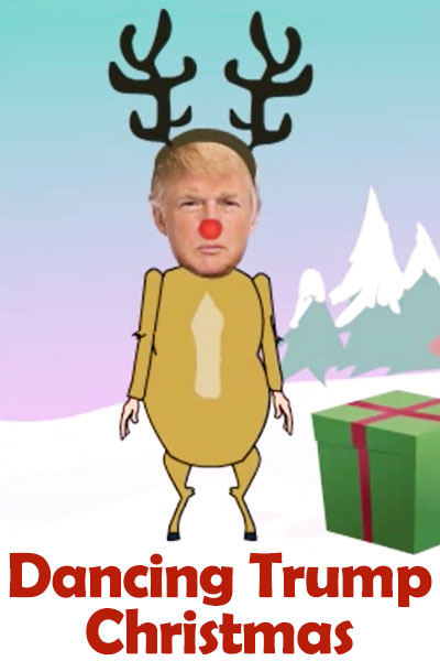 A photo of Donald Trump’s face, on a cartoon body wearing a reindeer costume. There is a red nose on his face, and he’s wearing antlers. The ecard title Dancing Trump Christmas appears below him.
