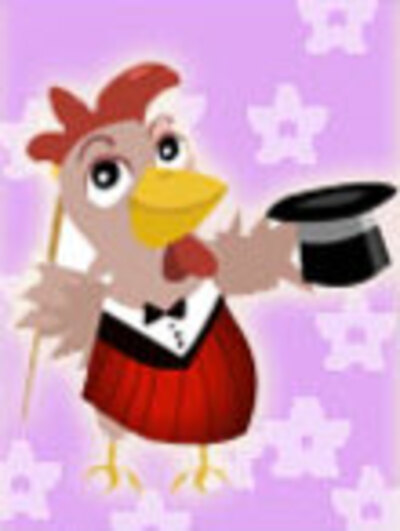 A rooster with a top hat and cane dances and smiles at the viewer. 