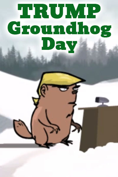 A groundhog who looks similar to Donald Trump walks around in the snow. 
