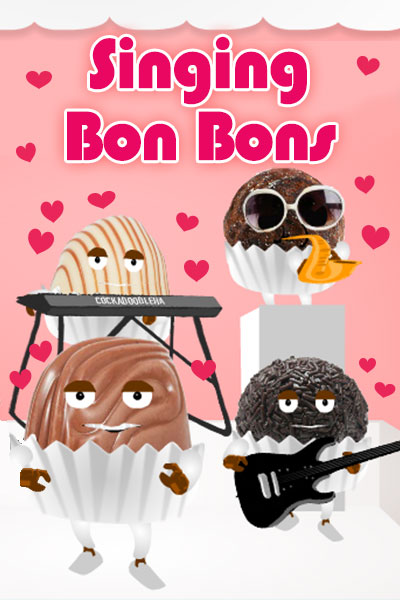 A rock band made up of of bon bons. One is holding a microphone, and the other members are playing a guitar, a keyboard, and a saxaphone.