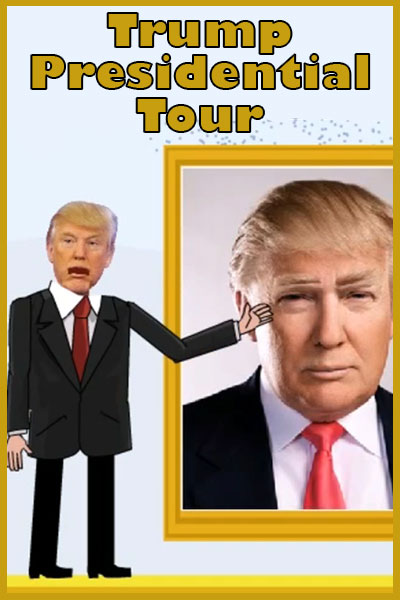 Donald Trump gestures to a large framed portrait of himself.