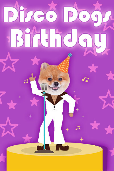 A photo of a Pomeranian dog’s face, that is dressed in a cartoon suit and conical party hat. The suit is white, with black lapels, and flared leg pants, reminiscent of an iconic suit from a 70’s era disco movie. The fun birthday ecard title Disco Dogs Birthday is written above the dancing dog. 