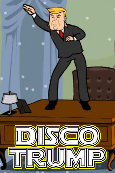 An animated Donald Trump in a disco pose, with one arm pointing up in the air, and his opposite hip askew.
