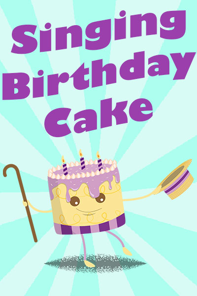 A singing ecard for birthday featuring a cheerful, smiling birthday cake dances with a flourish, holding a straw hat in one hand, and a cane in the other, and kicking its leg up while it dances. The ecard title Singing Birthday Cake is above it.