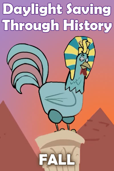 A rooster stands on a column. He is wearing a pharaoh's headdress, and the sun is setting behind him.