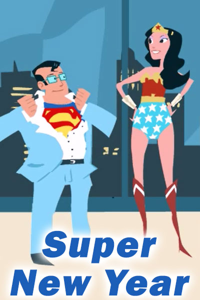 Two superheroes at a party wish each other a Happy New Year by revealing their secret identities. The ecard title Super New Year is written below them.