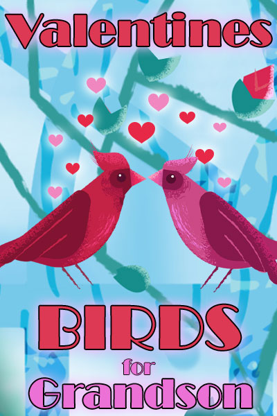 Two birds - one red, and one pink - gaze lovingly into each other's eyes. Little hearts dot the air above them.