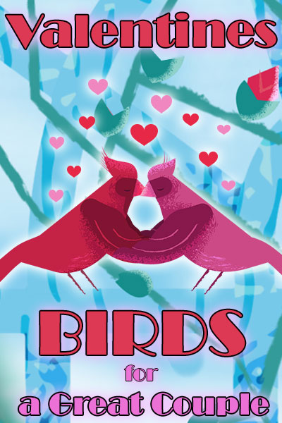 Two birds - one red, and one pink - hold each other's wings, and press their beaks together in a kiss. Little hearts dot the air above them.