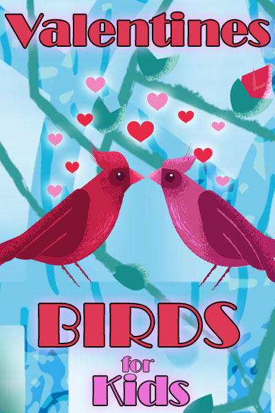 Two birds - one red, and one pink - gaze lovingly into each other's eyes. Little hearts dot the air above them.