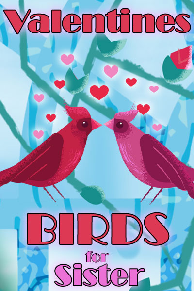 Two birds - one red, and one pink - gaze lovingly into each other's eyes. Little hearts dot the air above them.