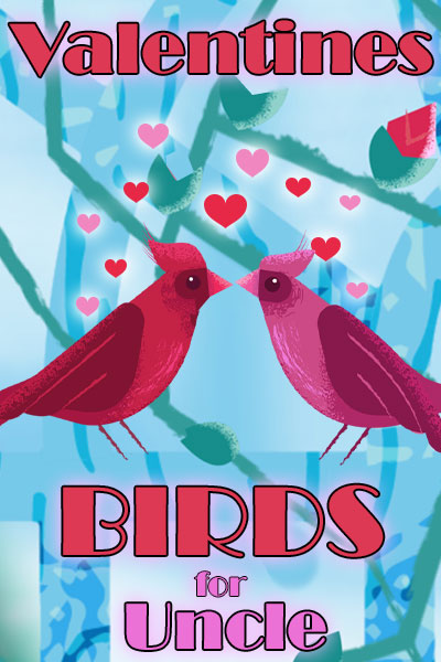 Two birds - one red, and one pink - gaze lovingly into each other's eyes. Little hearts dot the air above them.