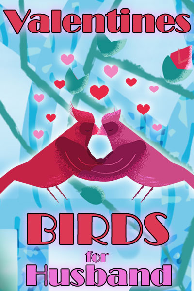 Two birds - one red, and one pink - hold each other's wings, and press their beaks together in a kiss. Little hearts dot the air above them.