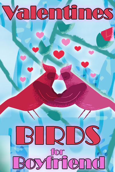 Two birds - one red, and one pink - hold each other's wings, and press their beaks together in a kiss. Little hearts dot the air above them.